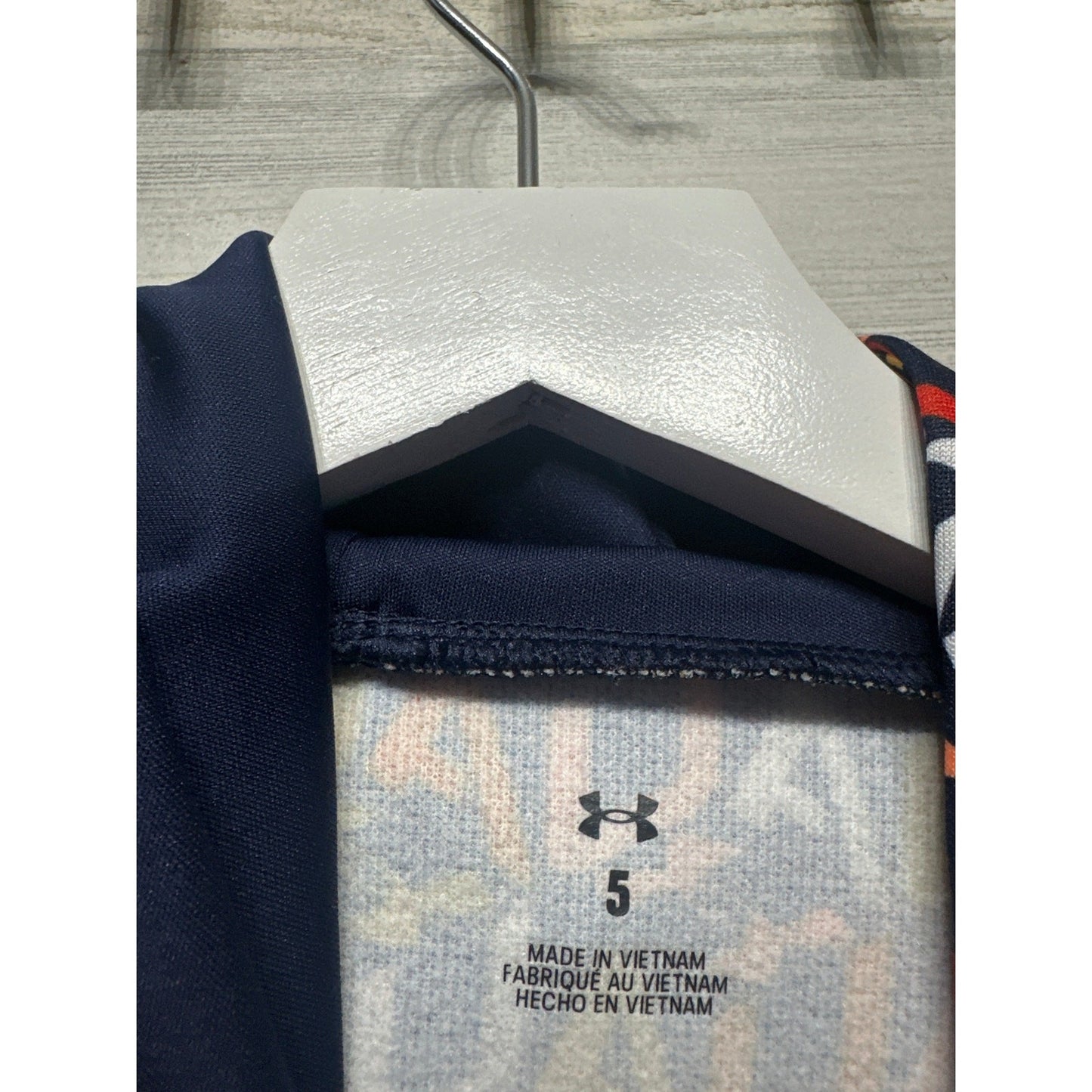 Under Armour Hoodie Boys 5 Navy Orange All Over Logo Print Pullover EUC2