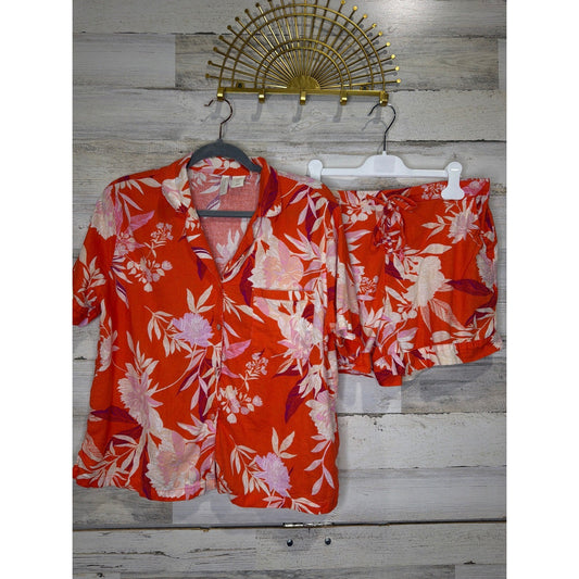 Cynthia Rowley Sleepwear Womens Medium Orange Floral Linen Blend Tropical EUC0