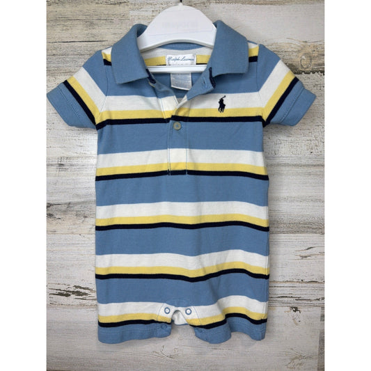 Ralph Lauren Polo Romper Boys 3M Blue Striped Cotton Preppy EUC0