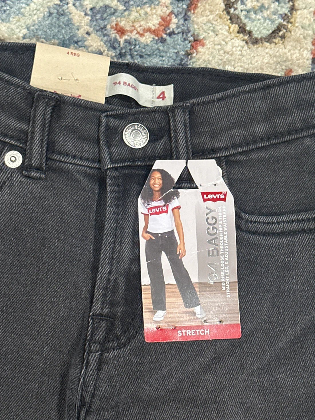 Levi's '94 Baggy Jeans Girls Size 4 Black Straight Leg Adjustable Waist NWT1