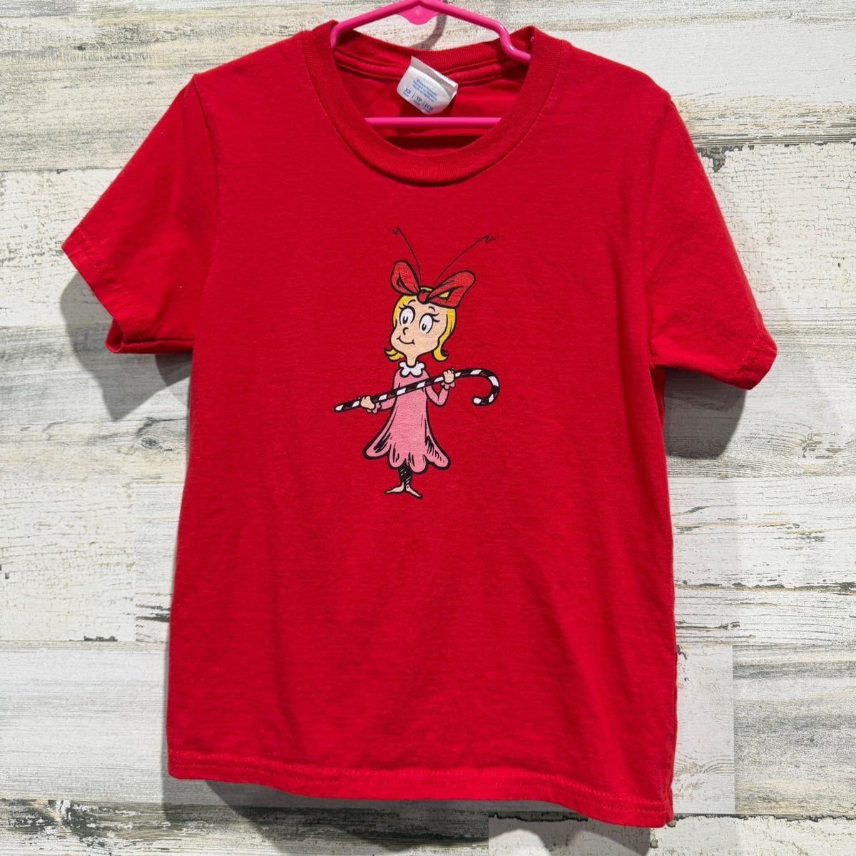 Port & Company Cindy Lou Who Graphic Tee Girls XS Red Cotton Holiday EUC0