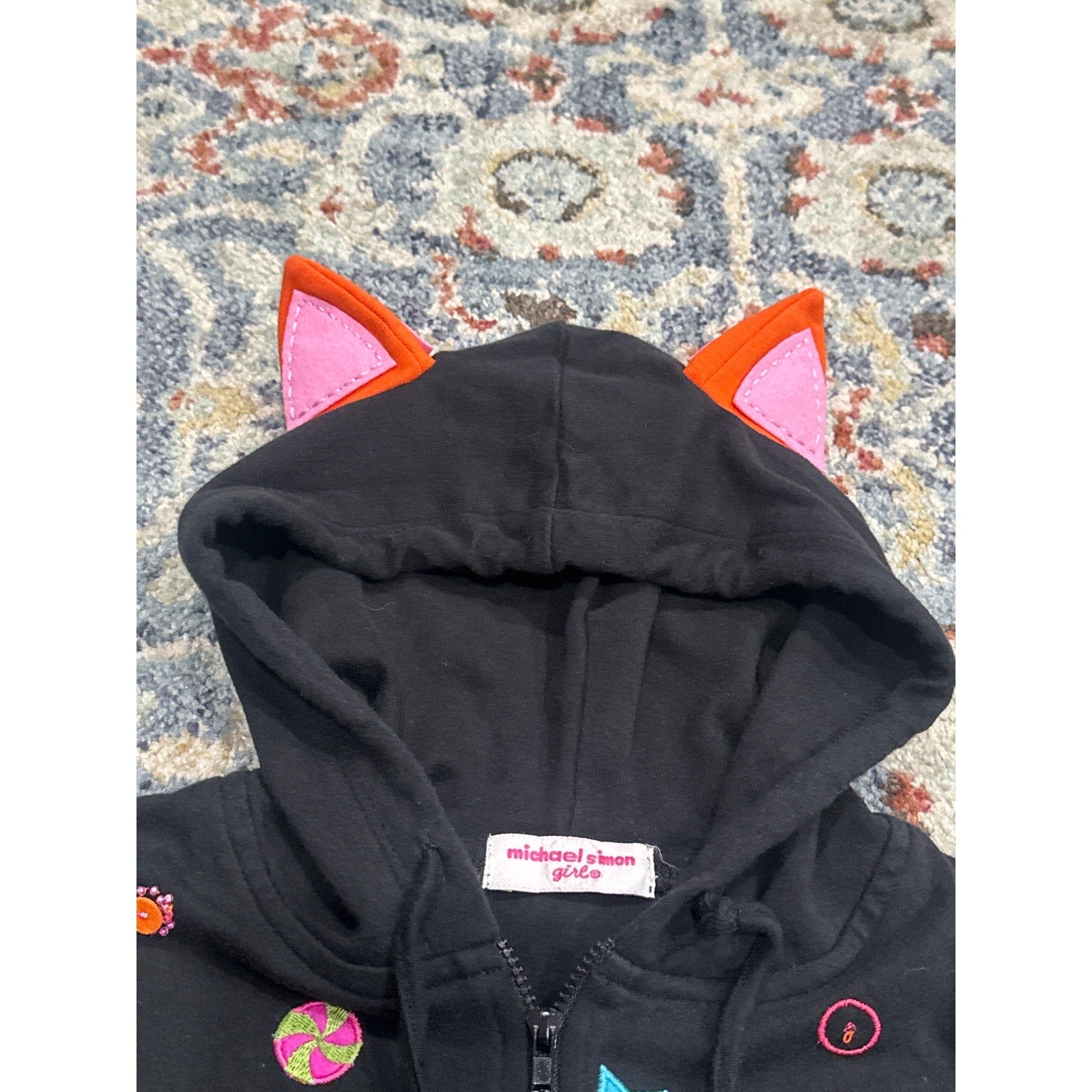 Michael Simon Hoodie Girls Size 5 Black Orange Cat Ear Star Candy Applique EUC3