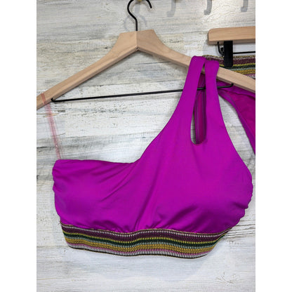 Gibson Latimer Bikini Swimsuit Women Medium Pink One Shoulder Metallic Boho EUC1