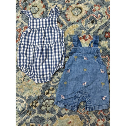 Cat & Jack Janie and Jack Romper Overalls Girls 0-3M Blue Gingham Denim EUC0