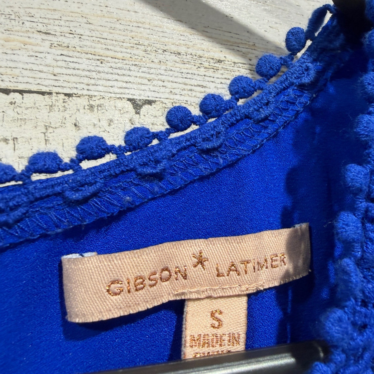 Gibson Latimer Shift Dress Women S Blue Crochet Pom Pom Boho GUC*1