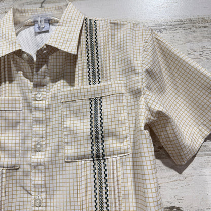 Blue Quail Guayabera Shirt Boys 7 Tan Check UPF 50+ Performance EUC1