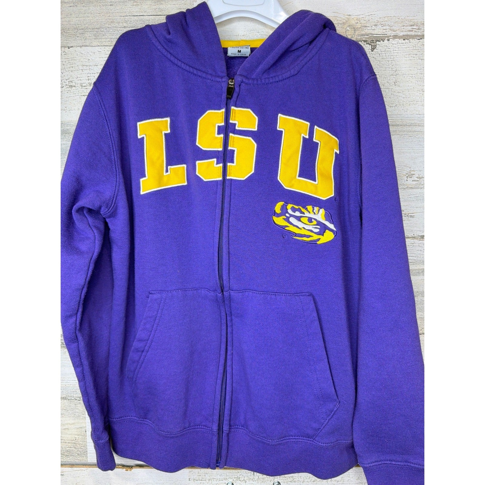 LSU Tigers Full Zip Hoodie Youth Medium 12-14 Purple Embroidered Gameday EUC0