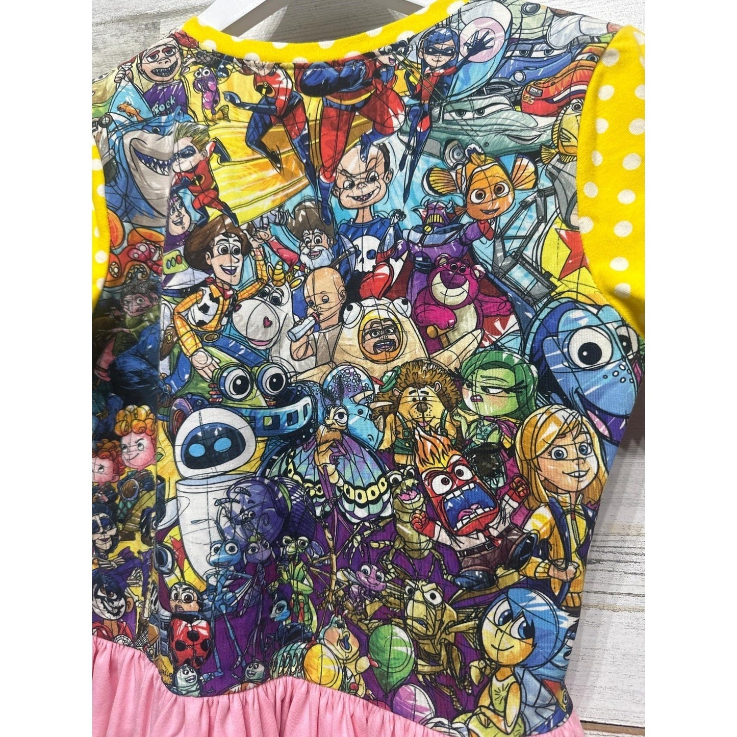 Disney Pixar Mashup Dress Girls 10-12 Pink Yellow Polka Dot Character EUC4