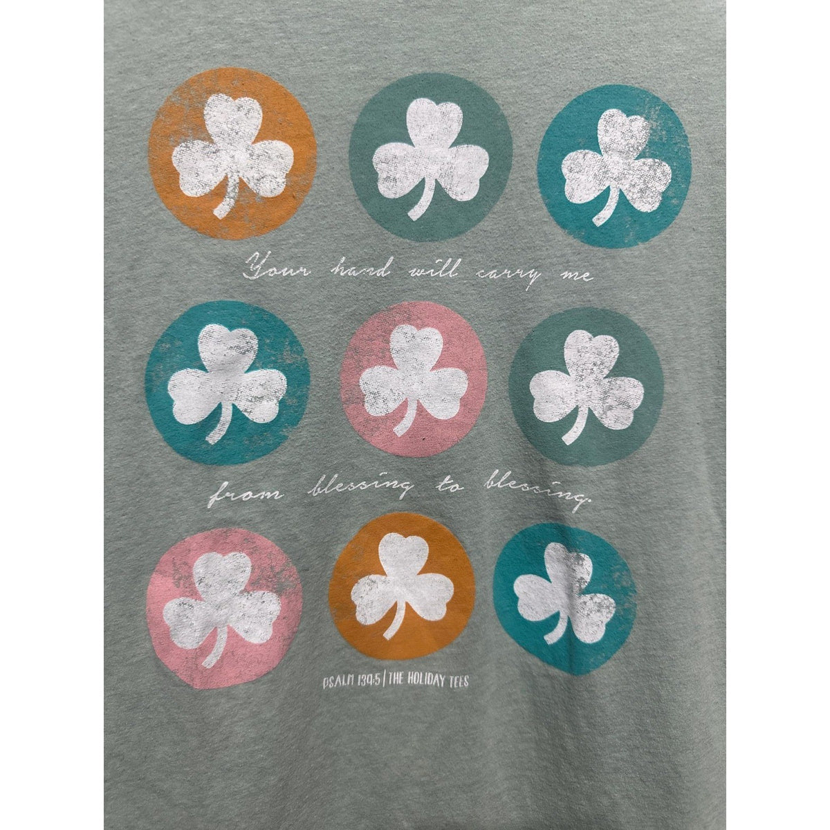 The Holiday Tees Graphic T-Shirt Women Medium Green Shamrock Psalm 139 EUC1