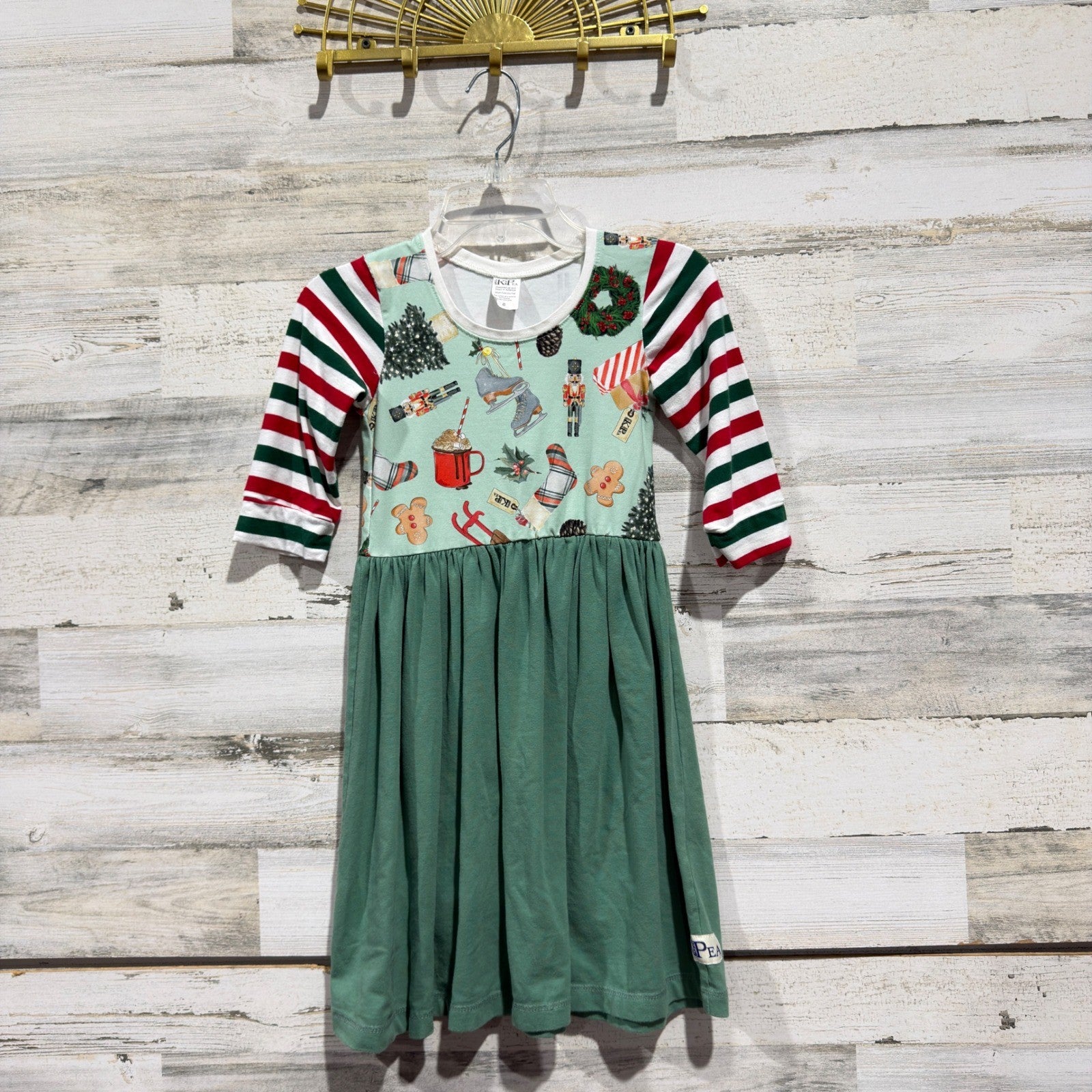KPea Nutcracker Christmas Dress Girls 8 Green Striped Holiday Boutique EUC0