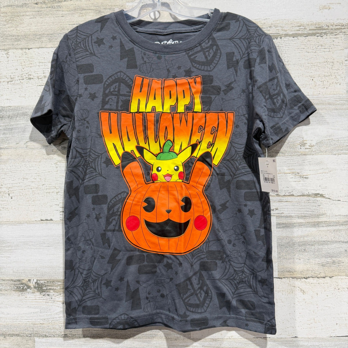 Pokemon T-Shirt Boys Size Small Grey Pikachu Pumpkin Happy Halloween Graphic NWT0
