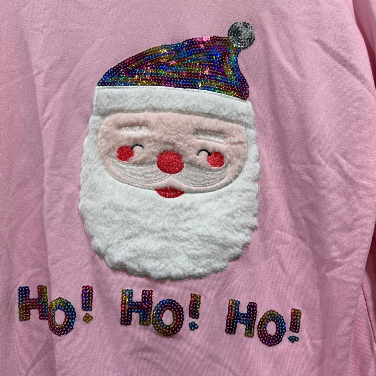 Santa Claus Sequin Graphic Sweatshirt Women Size M Pink Cotton Blend Holiday1