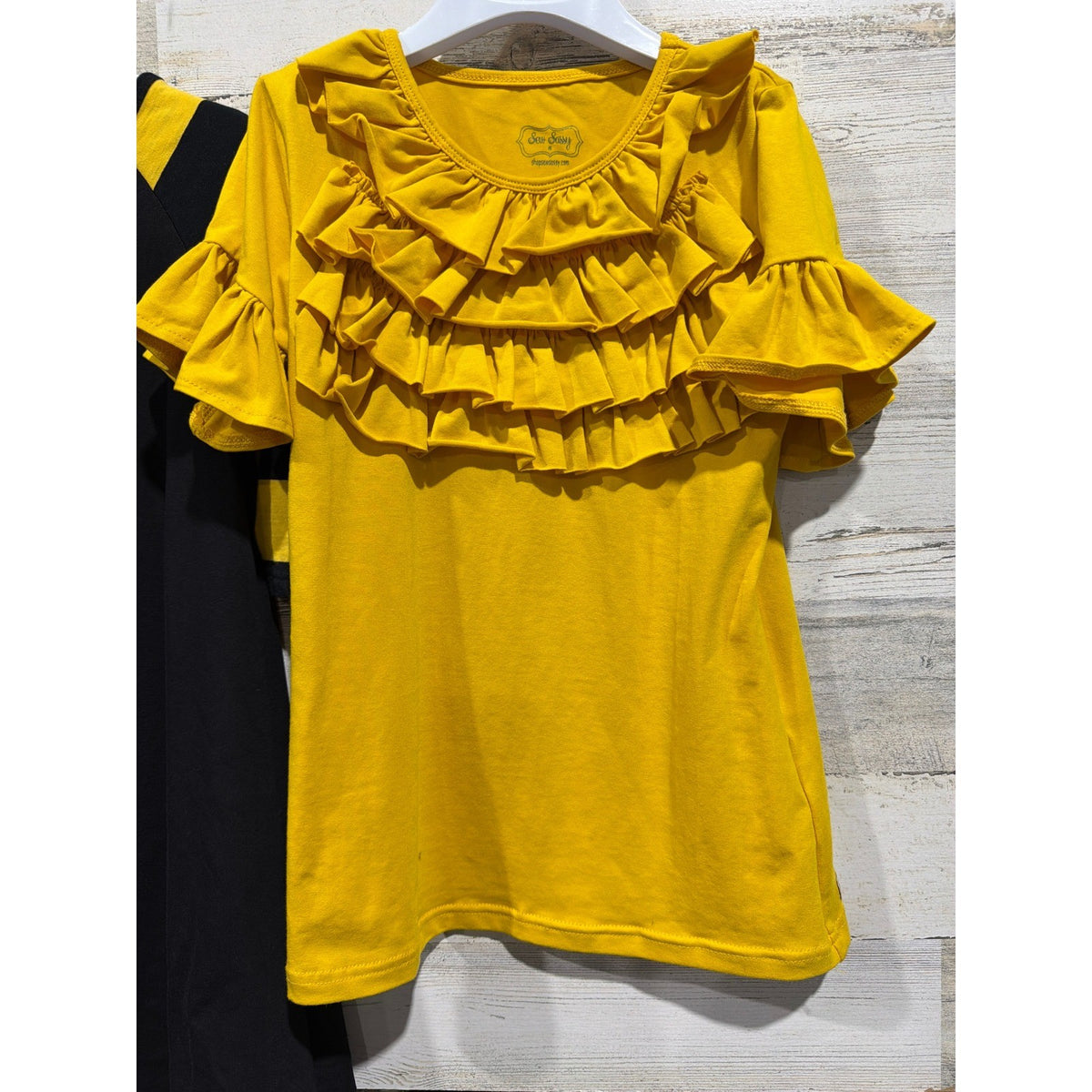 Sew Sassy Dress Top Set Girls 8 Yellow Black Striped Ruffle Boutique EUC1