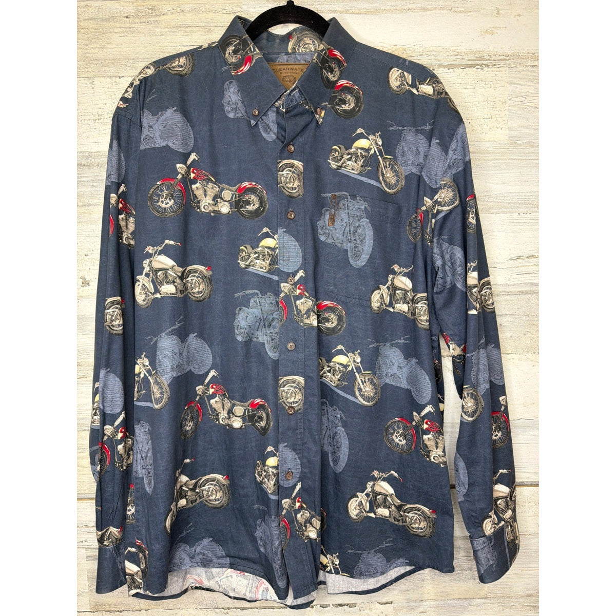 Clearwater Outfitters Button Down Shirt Men Large Blue Motorcycle Biker *Flawed0