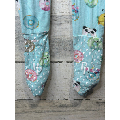 Posh Peanut Pajamas Girls 3T Blue Donut Animal Convertible Bamboo Sleeper EUC3