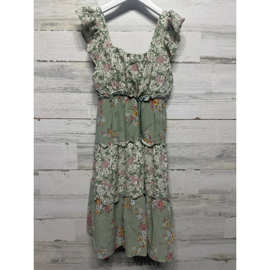 Speechless Floral Tiered Dress Girls 14 Sage Green Ruffle Smocked EUC0