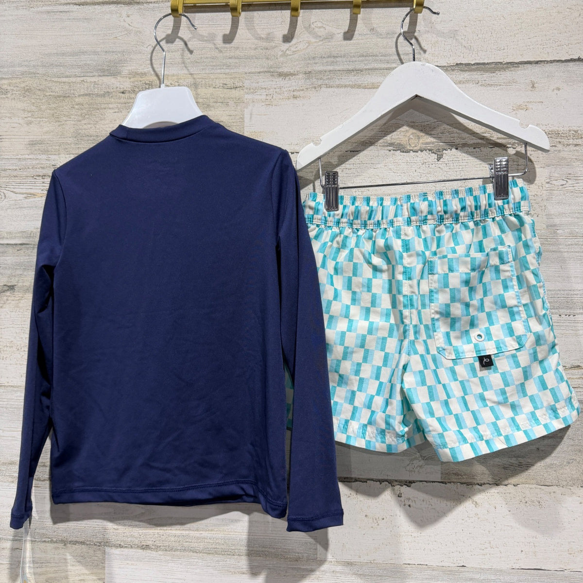 Cat & Jack Art Class Swim Set Boys S 6/7 Navy Teal Checkered Modern4
