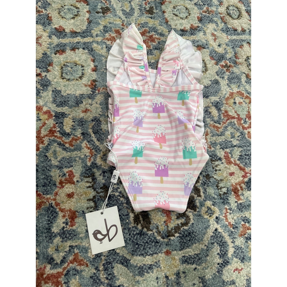 Birdie Bean Swimsuit Girls 3-6M Pink Popsicle Stripe Ruffle One Piece NWT1