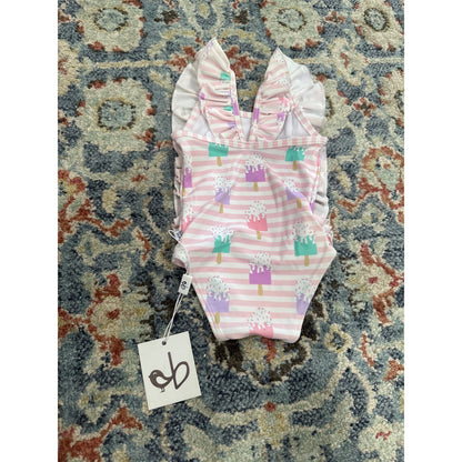 Birdie Bean Swimsuit Girls 3-6M Pink Popsicle Stripe Ruffle One Piece NWT1