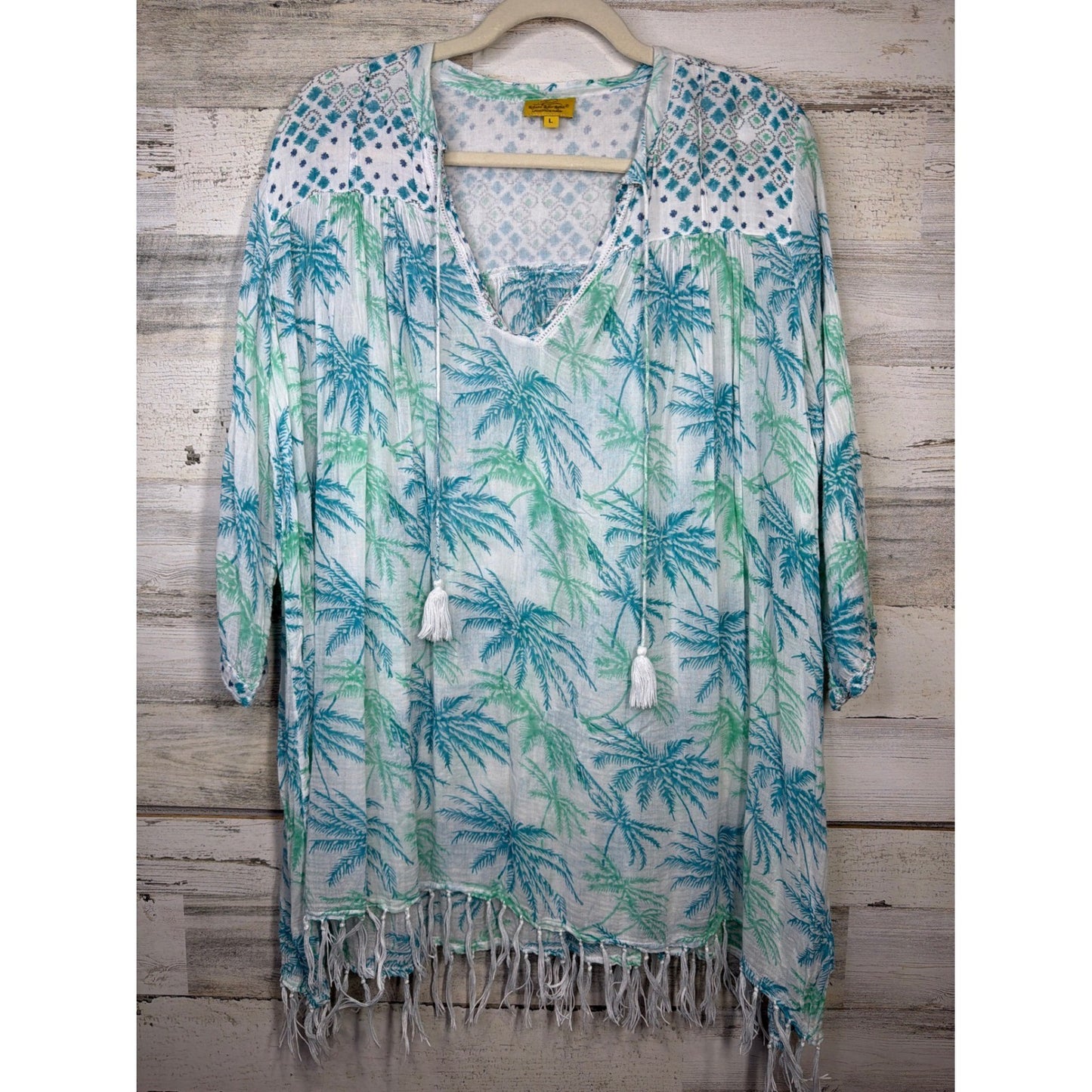 Roller Rabbit Tunic Cover Up Women Large White Blue Palm Tree Boho Fringe EUC0