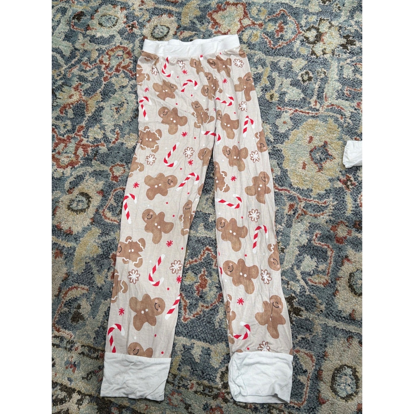 Bums & Roses Pajama Set Kids 9/10 Tan Gingerbread Bamboo Holiday EUC3