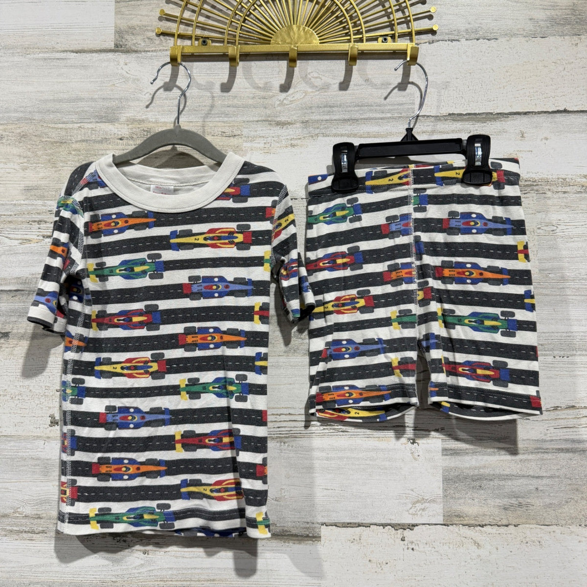 Hanna Andersson Pajama Set Kids 6-7 White Race Car Stripes Shortie GUC*0