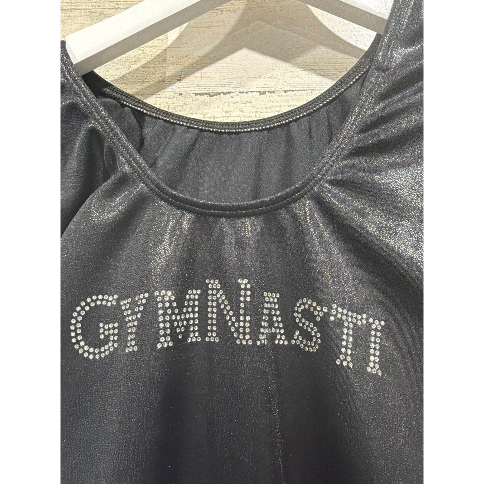 GK Leotard Custom "GYMNASTI" Rhinestone Girls M/L Long Sleeve Shimmer EUC4