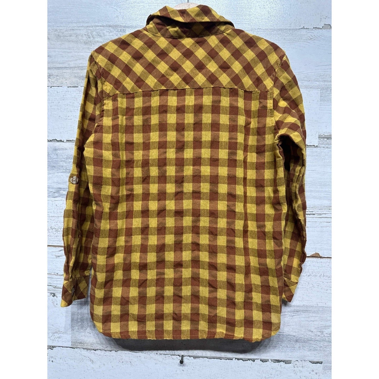 Me & Henry Button Down Shirt Boys 6/7 Yellow Brown Gingham Plaid EUC2