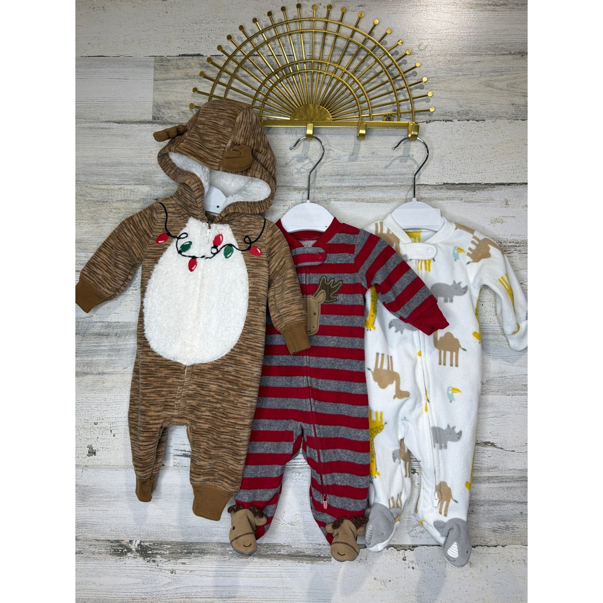 Carter's Fleece Sleepers Bundle Boys Newborn Multi Reindeer Safari Cozy0