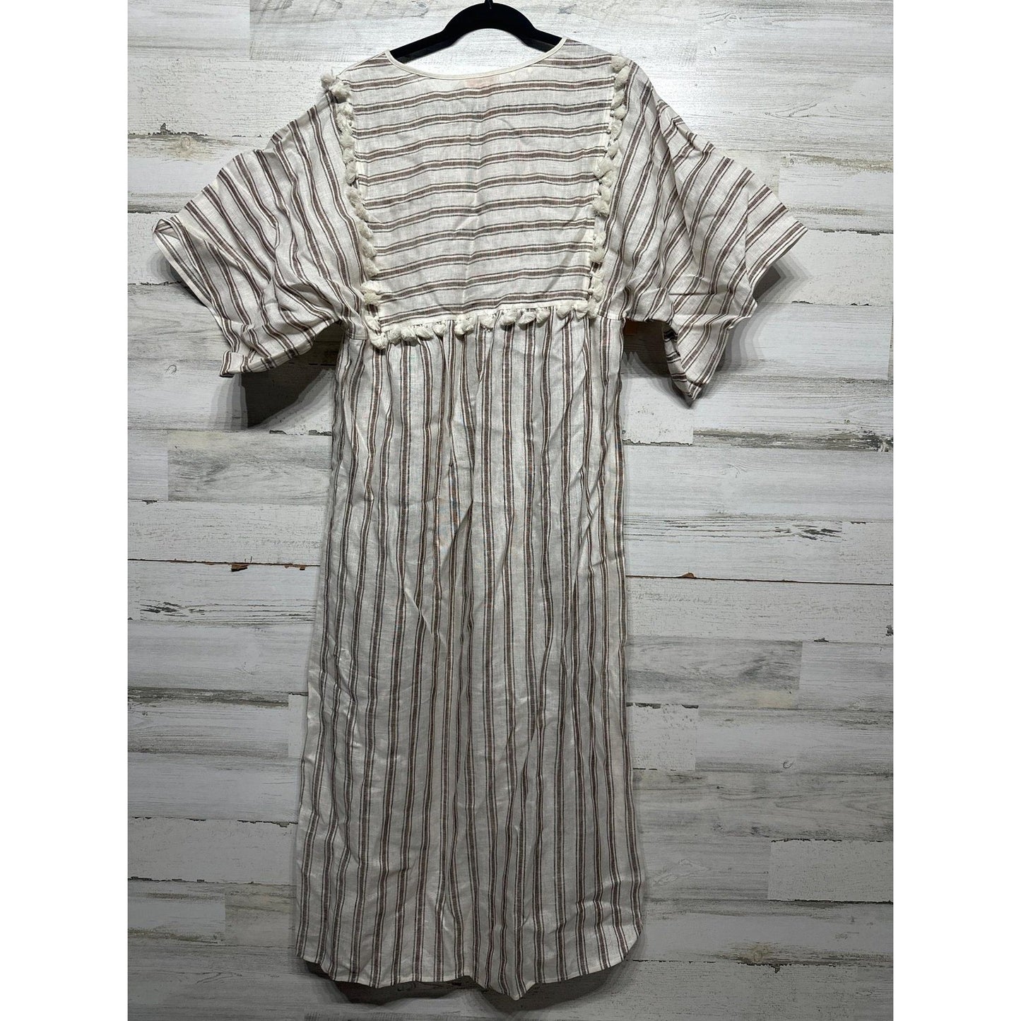 Tory Burch Striped Midi Caftan Women Small Ivory Anise Brown Linen Pom-Pom NWT4