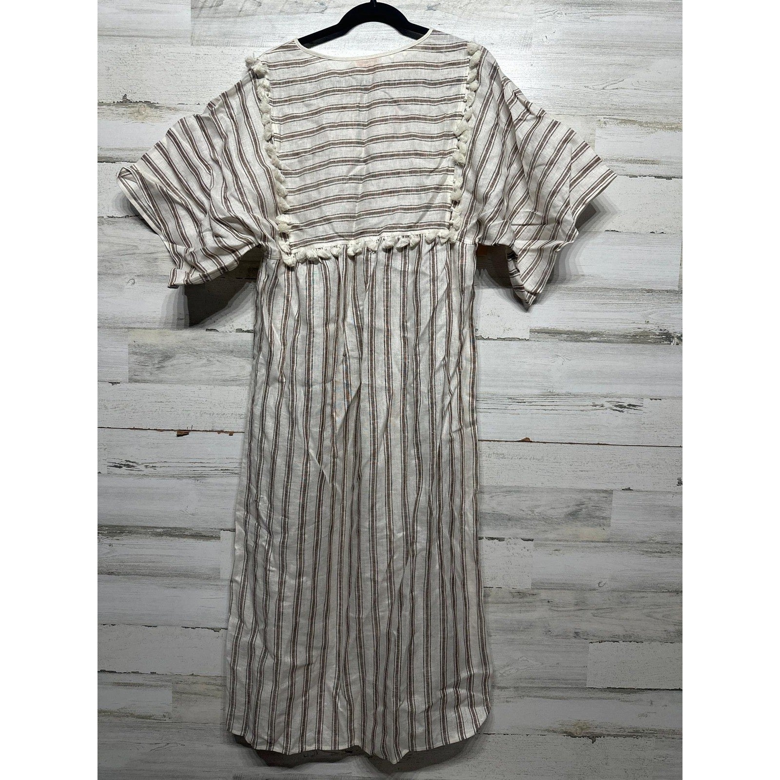Tory Burch Striped Midi Caftan Women Small Ivory Anise Brown Linen Pom-Pom NWT4