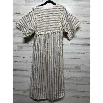 Tory Burch Striped Midi Caftan Women Small Ivory Anise Brown Linen Pom-Pom NWT4