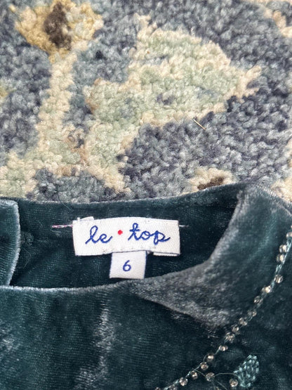 Le Top Velvet Dress Girls Size 6 Teal Beaded Floral Embroidery Holiday GUC3