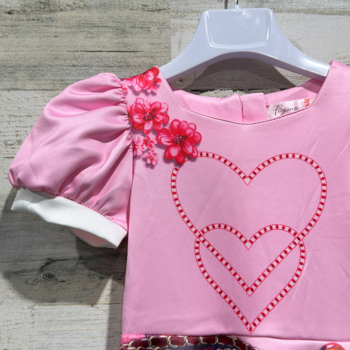 Fuyimei Heart Print Puff Sleeve Dress Girls Size 100 Pink Polyester NWT1