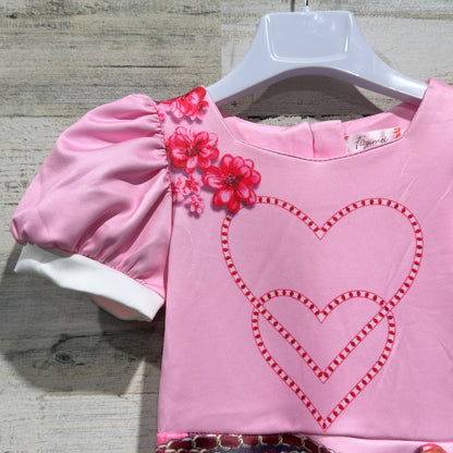 Fuyimei Heart Print Puff Sleeve Dress Girls Size 100 Pink Polyester NWT1