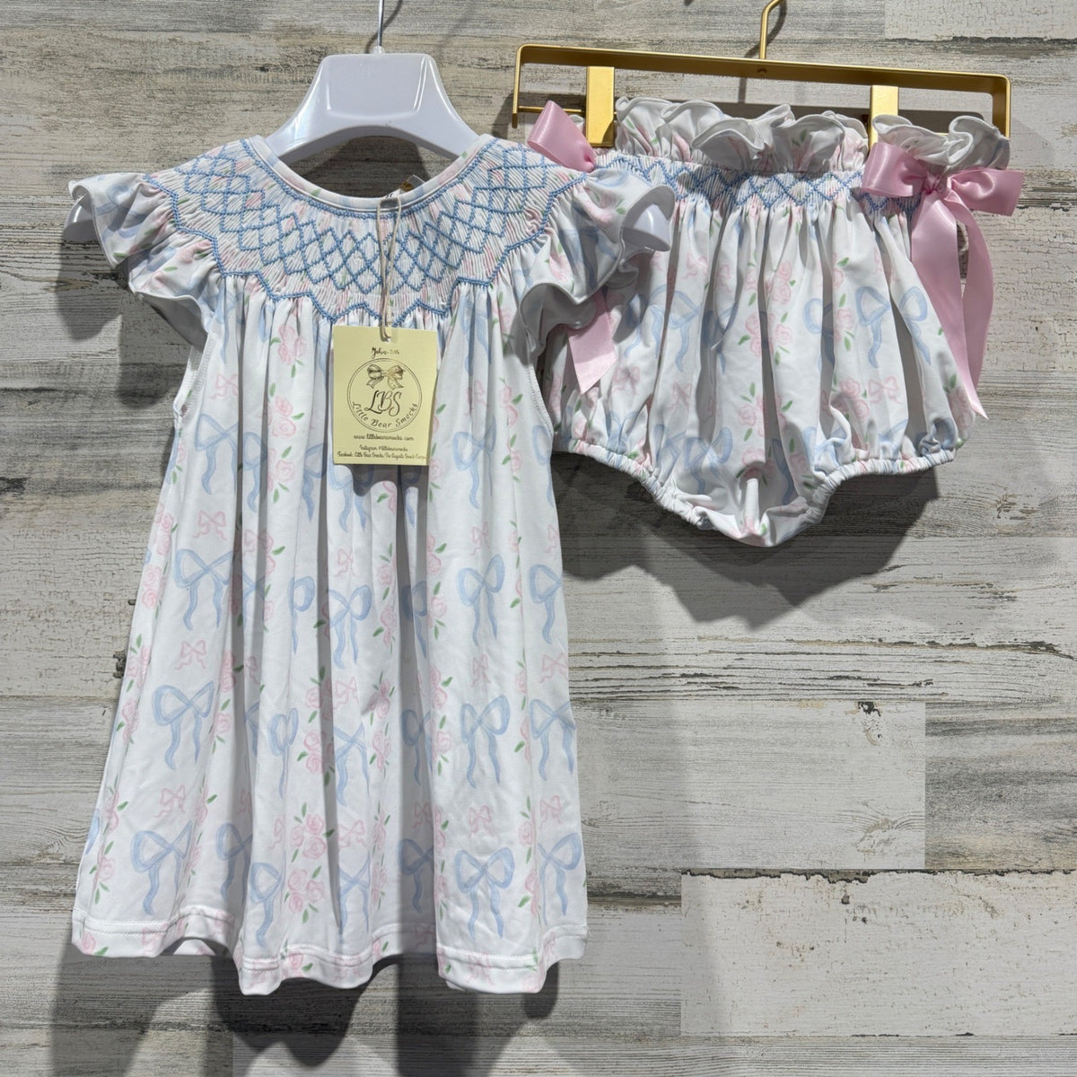 Little Bear Smocks Smocked Dress Set Girls 3T White Floral Bow Cotton Blend New0
