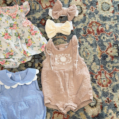 Mud Pie Baby Starters Romper Lot Girls 6-9M Floral Gingham Gauze EUC4