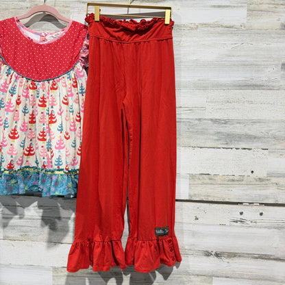 Matilda Jane Tunic Pants Set Girls 16Y Red Christmas Tree Ruffle Holiday EUC2