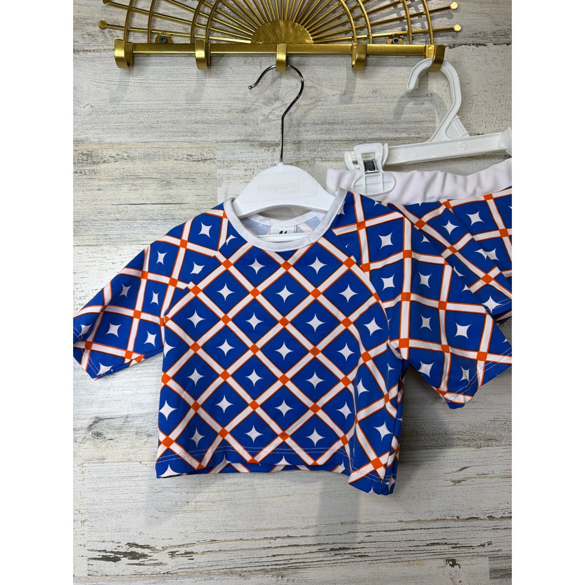 Mia Belle Swimsuit Girls 4T/5Y Blue Orange Geometric Rash Guard Skirt Set EUC1
