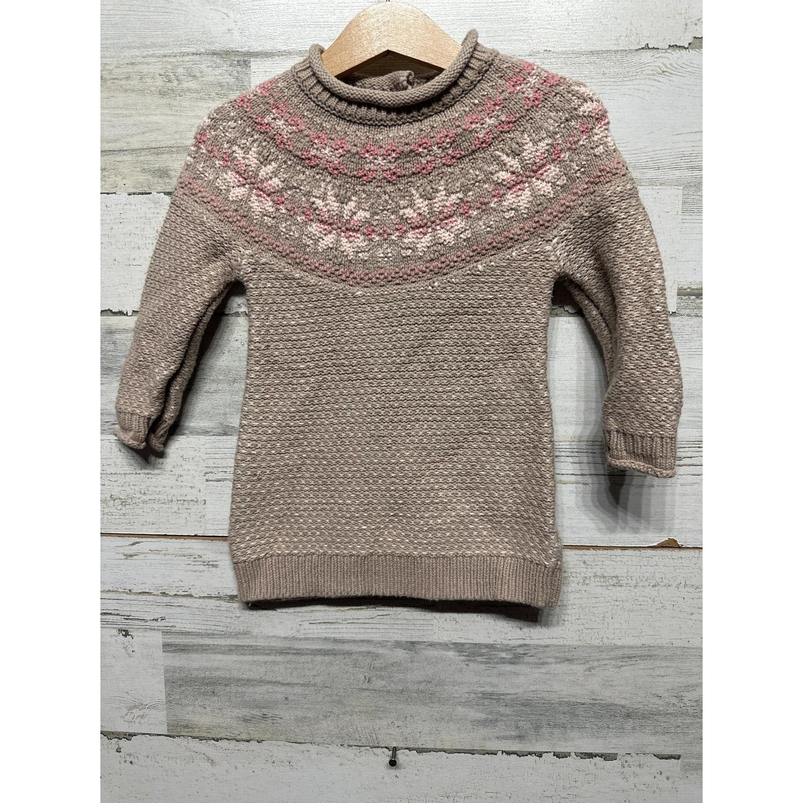 Maggie and Zoe Sweater Girls 12M Tan Fair Isle Snowflake Mock Neck EUC0