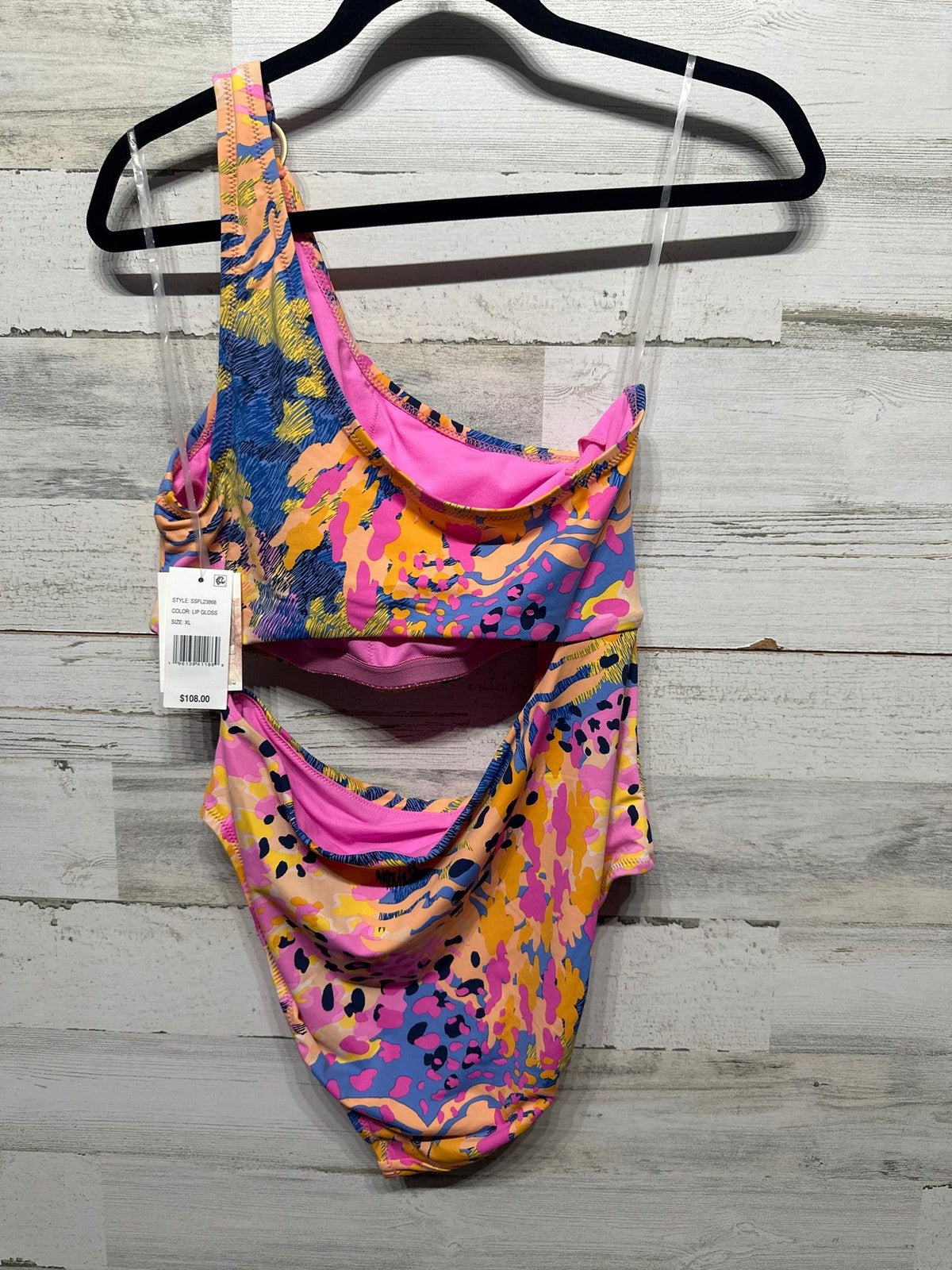Jessica Simpson Women XL Lip Gloss Pink Abstract One Shoulder Swimsuit NWT1