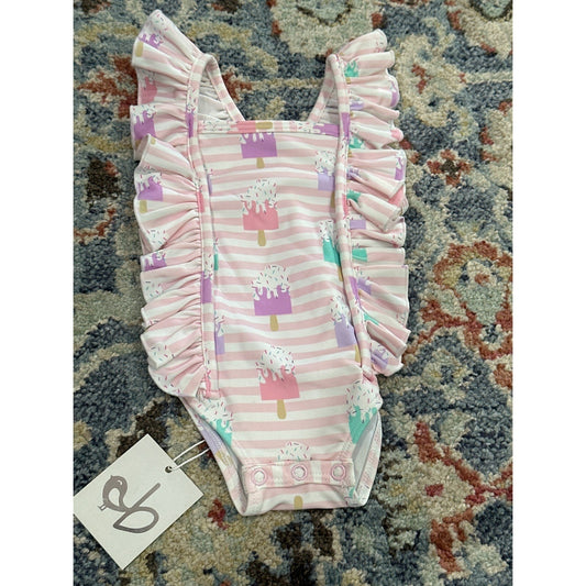 Birdie Bean Swimsuit Girls 3-6M Pink Popsicle Stripe Ruffle One Piece NWT0