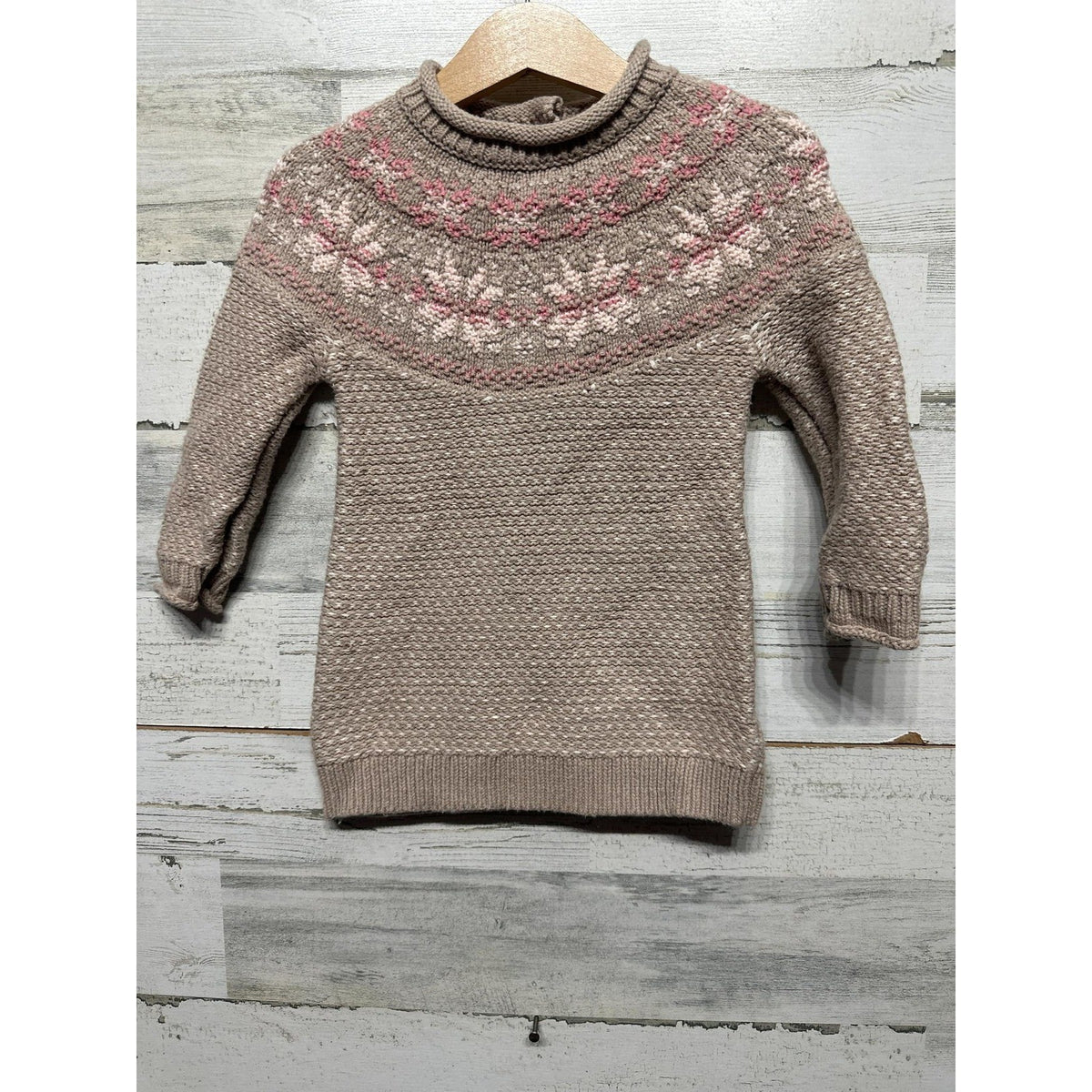Maggie and Zoe Sweater Girls 12M Tan Fair Isle Snowflake Mock Neck EUC0