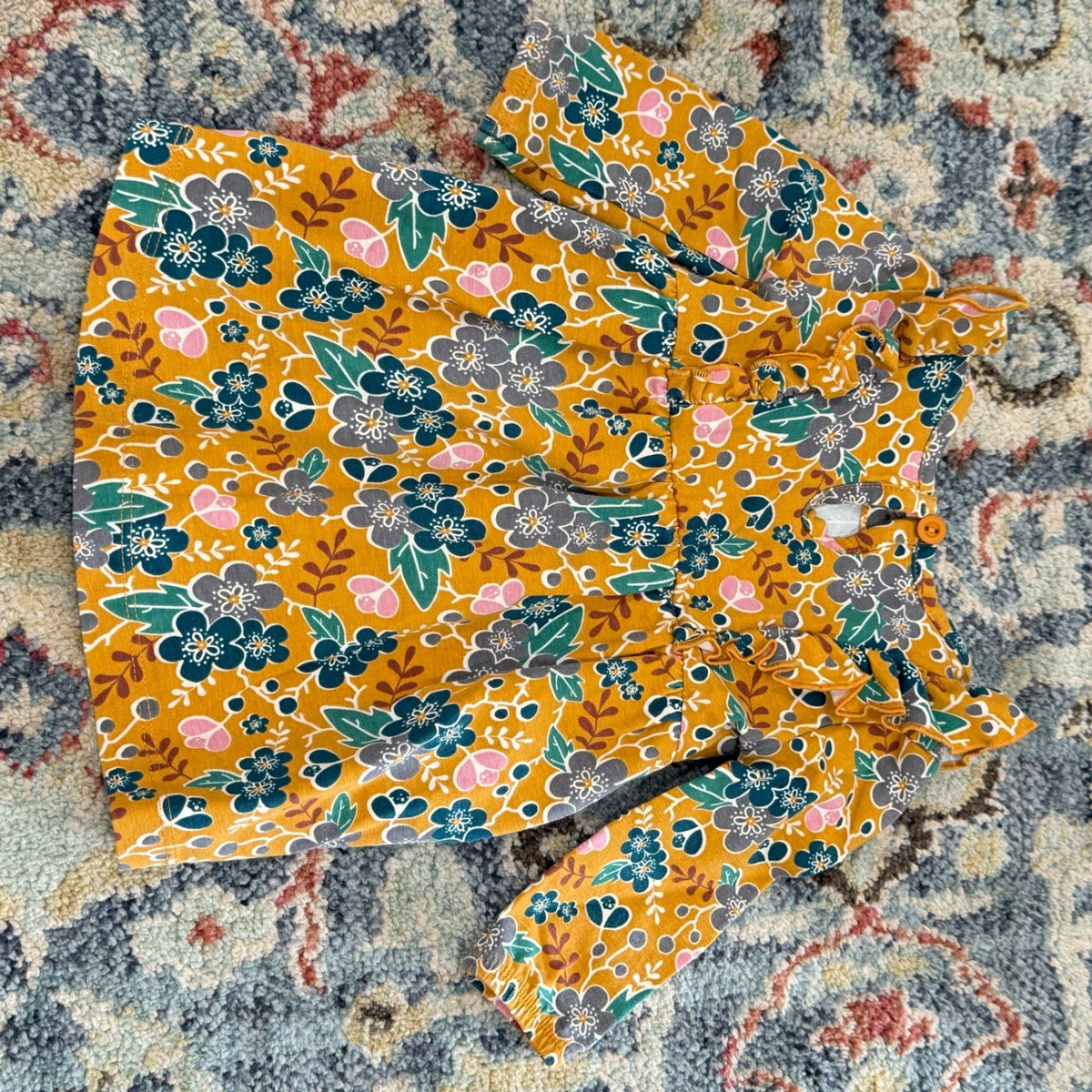 RuffleButts Dress Girls 3-6M Mustard Yellow Floral Ruffle Boho EUC3