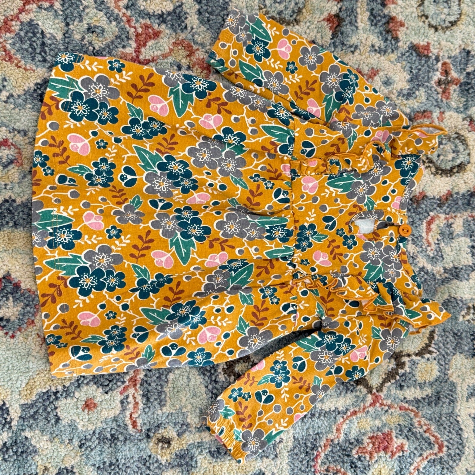 RuffleButts Dress Girls 3-6M Mustard Yellow Floral Ruffle Boho EUC3