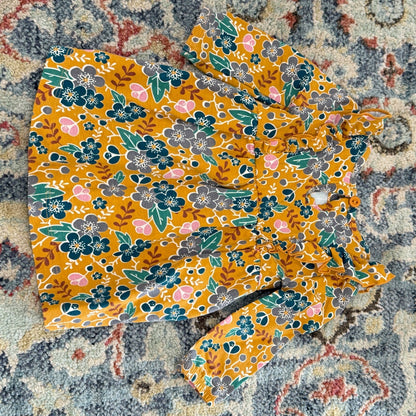 RuffleButts Dress Girls 3-6M Mustard Yellow Floral Ruffle Boho EUC3