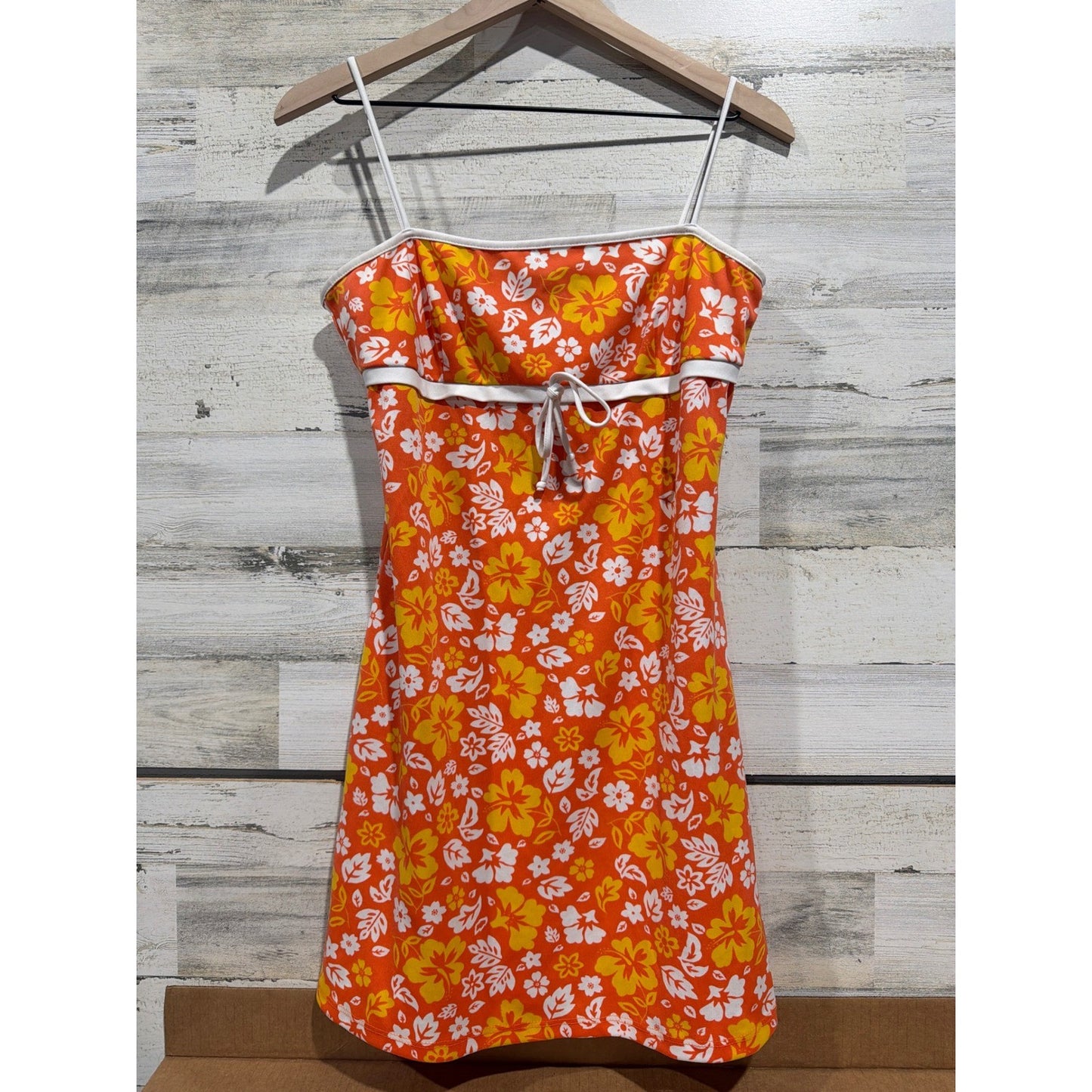 Y2K Status Mini Dress Women Large Orange Floral Tropical Coconut Girl EUC0