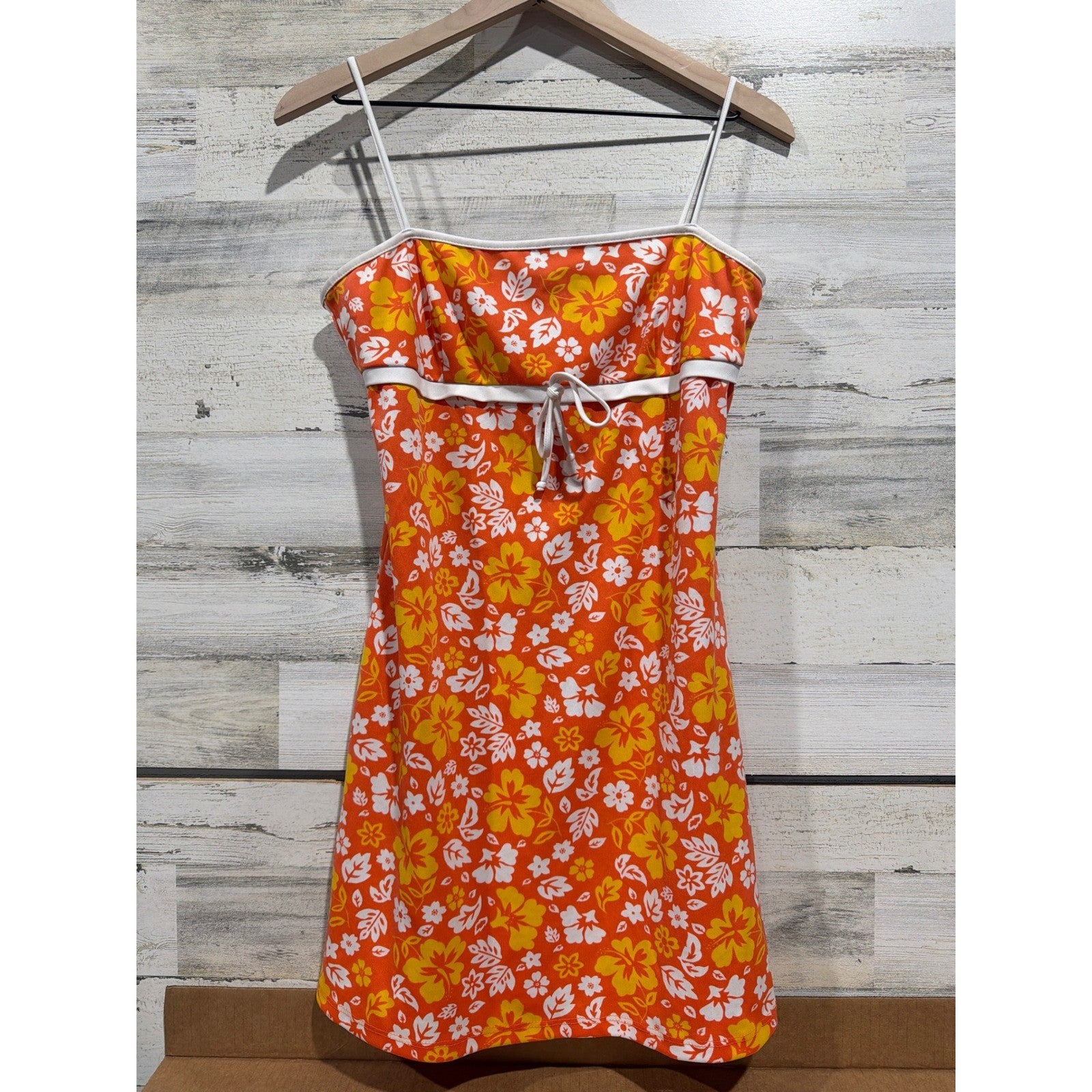 Y2K Status Mini Dress Women Large Orange Floral Tropical Coconut Girl EUC0