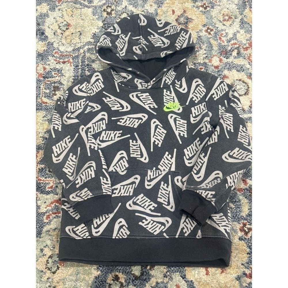 Nike Hoodie Kids Size 6 Black Grey All Over Print Logo Pullover GUC0