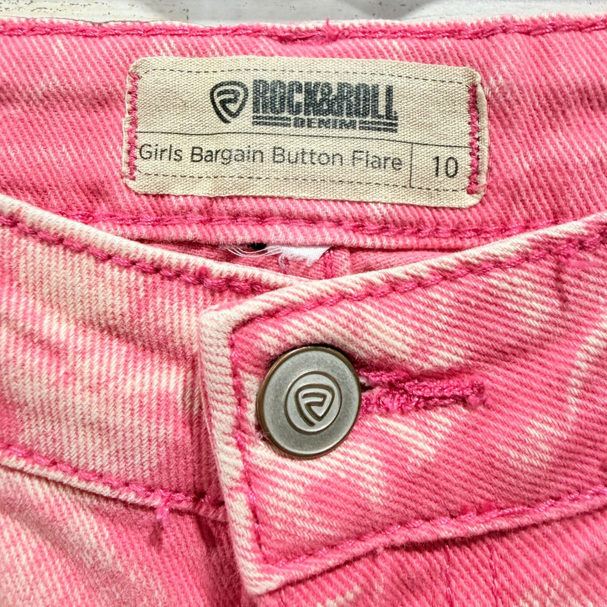 Rock & Roll Denim Bargain Button Flare Jeans Girls 10 Pink Acid Wash Western EUC1